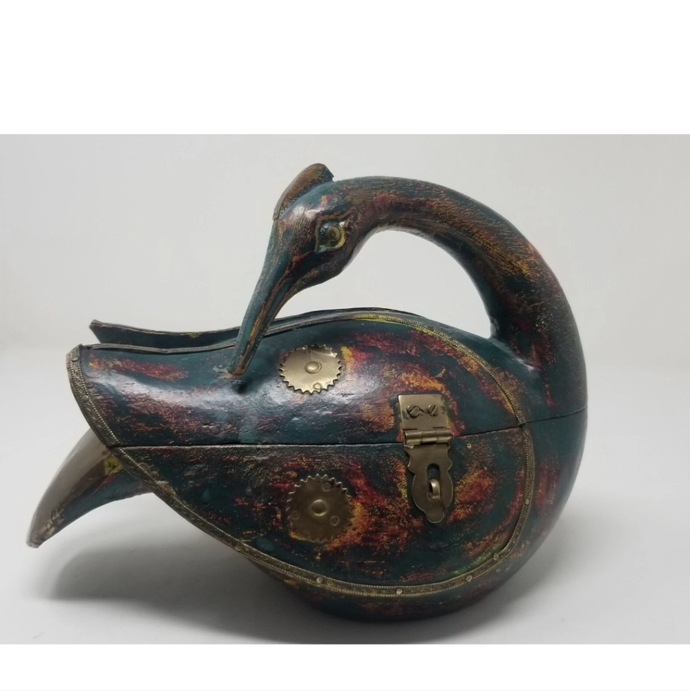 Vintage Wood & Brass Handpainted Swan Trinket Box